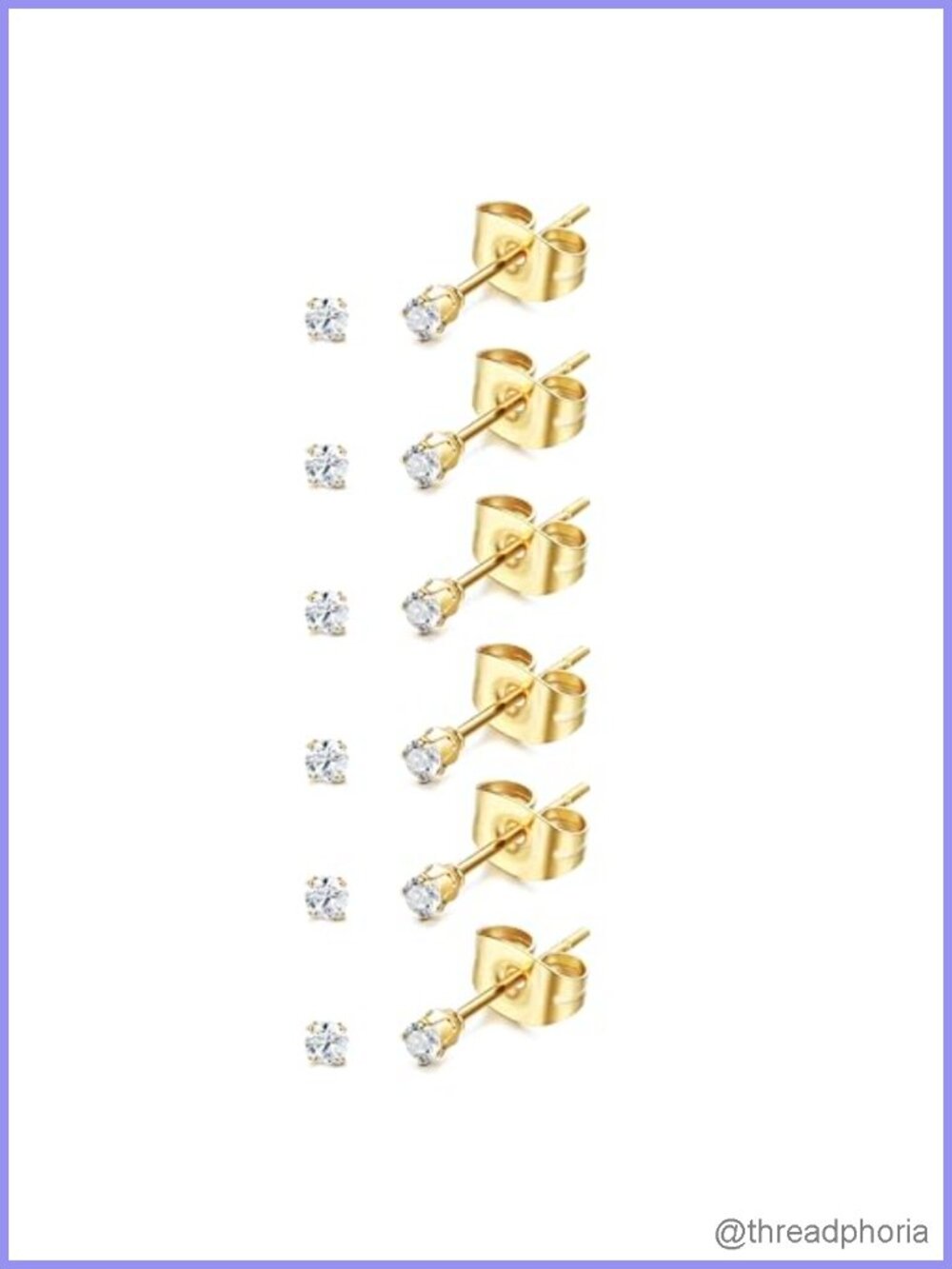 6 Pairs 2mm Stainless Steel CZ Stud Earrings Set